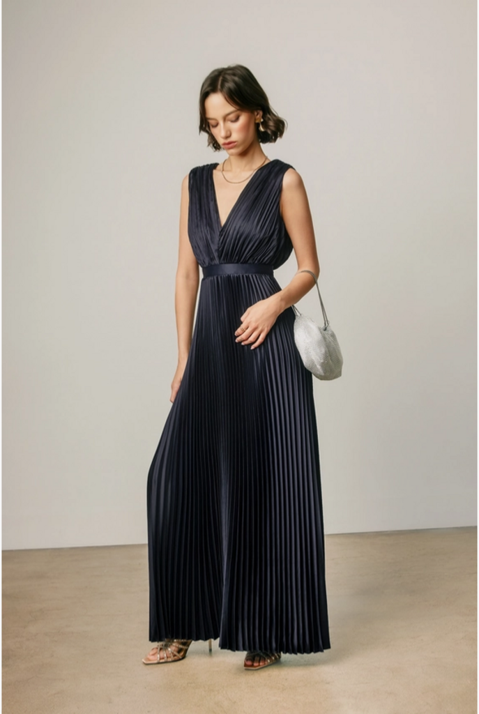 Dress Forum Pleated Satin V Neck Maxi Dress