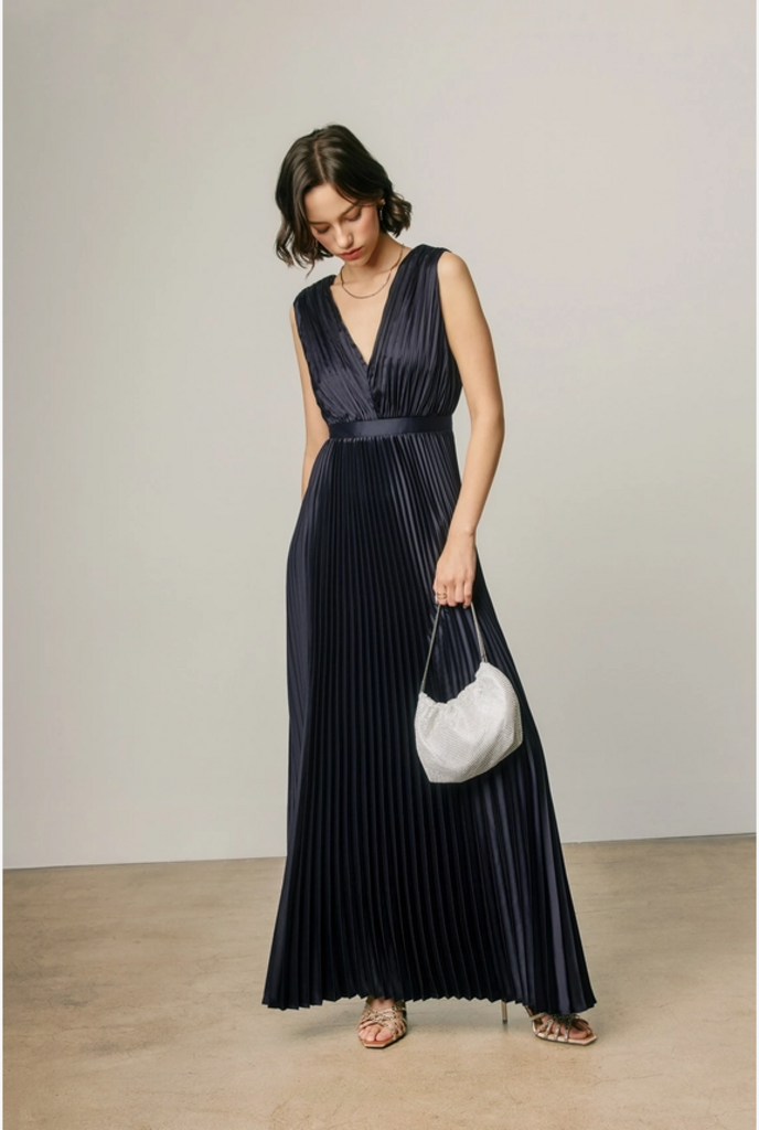 Dress Forum Pleated Satin V Neck Maxi Dress