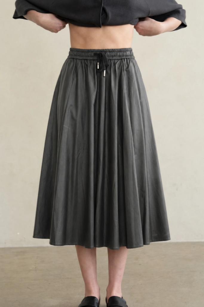 Elle Grey Drawstring Faux Leather Midi Skirt