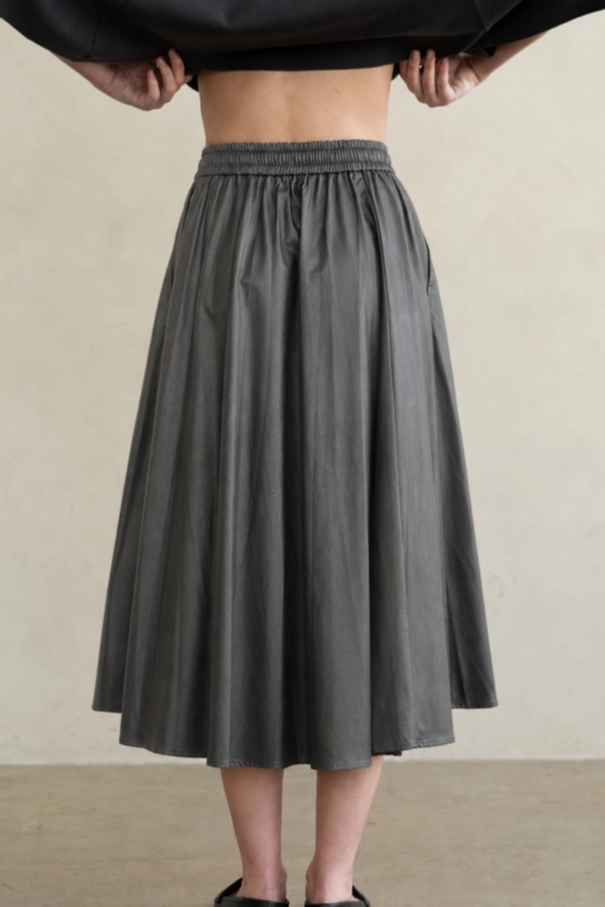 Elle Grey Drawstring Faux Leather Midi Skirt