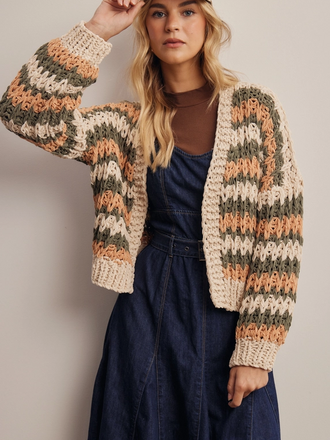 Forte Hand Crochet Striped Open Cardigan
