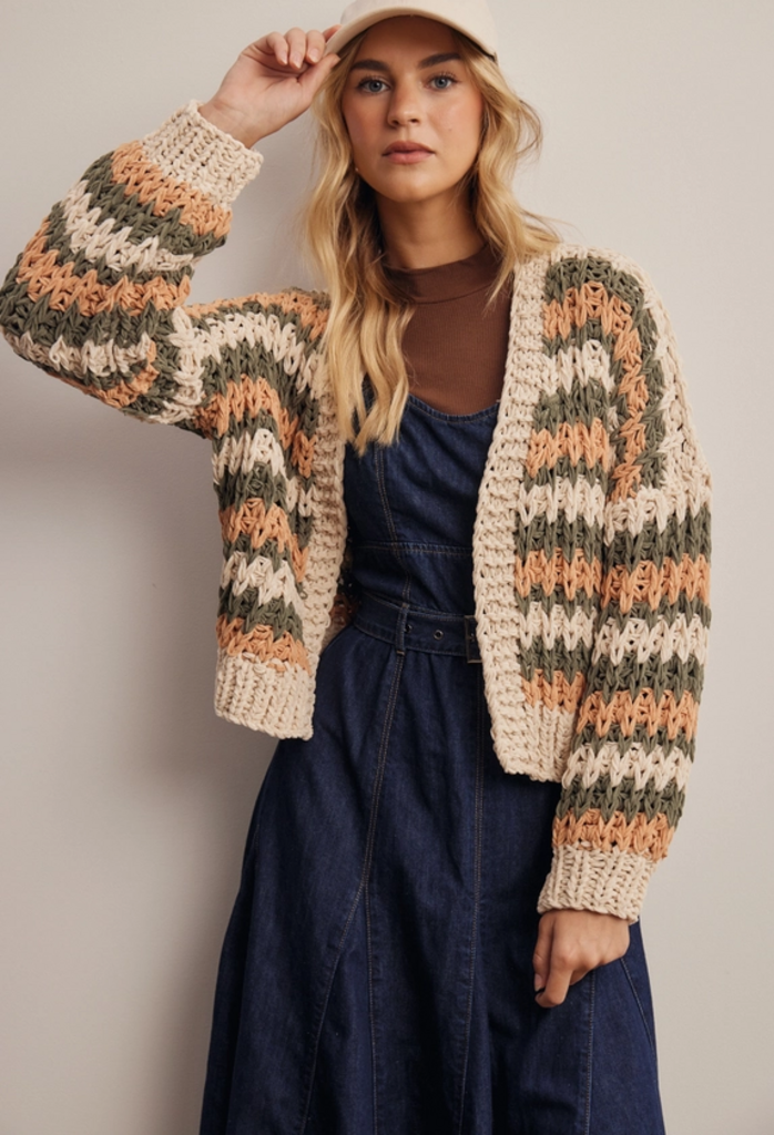 Forte Hand Crochet Striped Open Cardigan