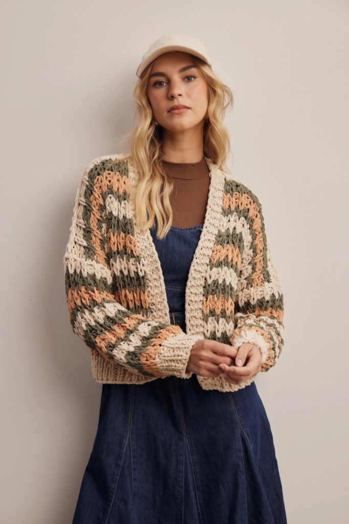 Forte Hand Crochet Striped Open Cardigan