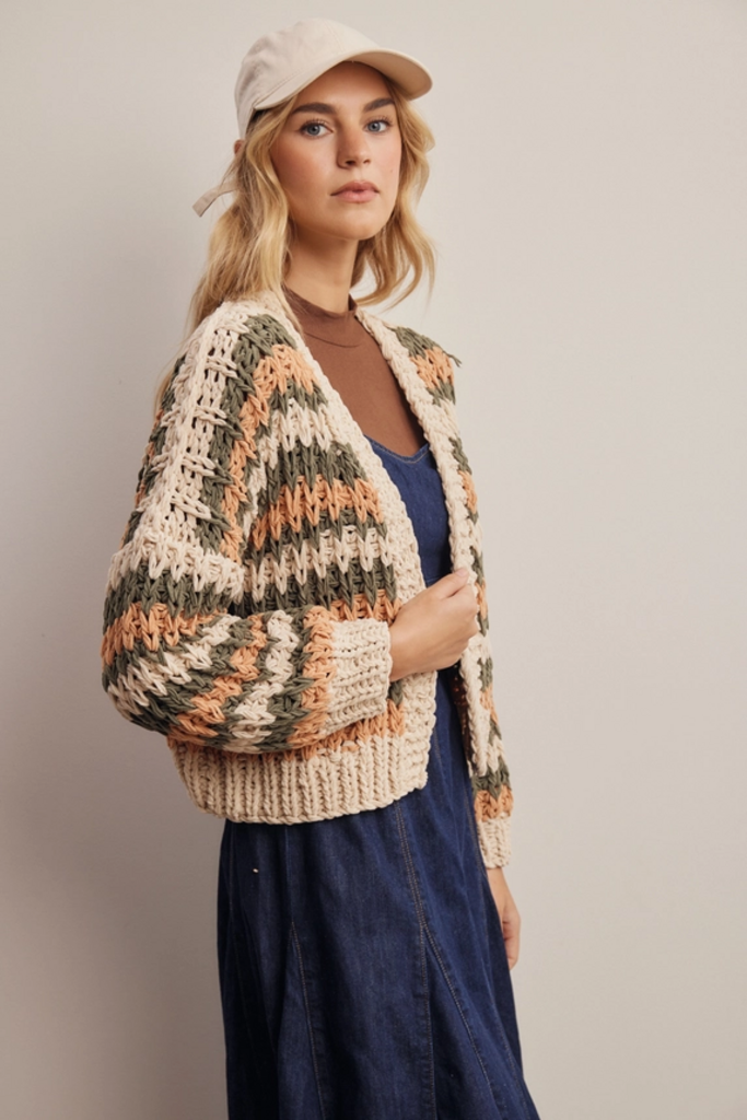 Forte Hand Crochet Striped Open Cardigan