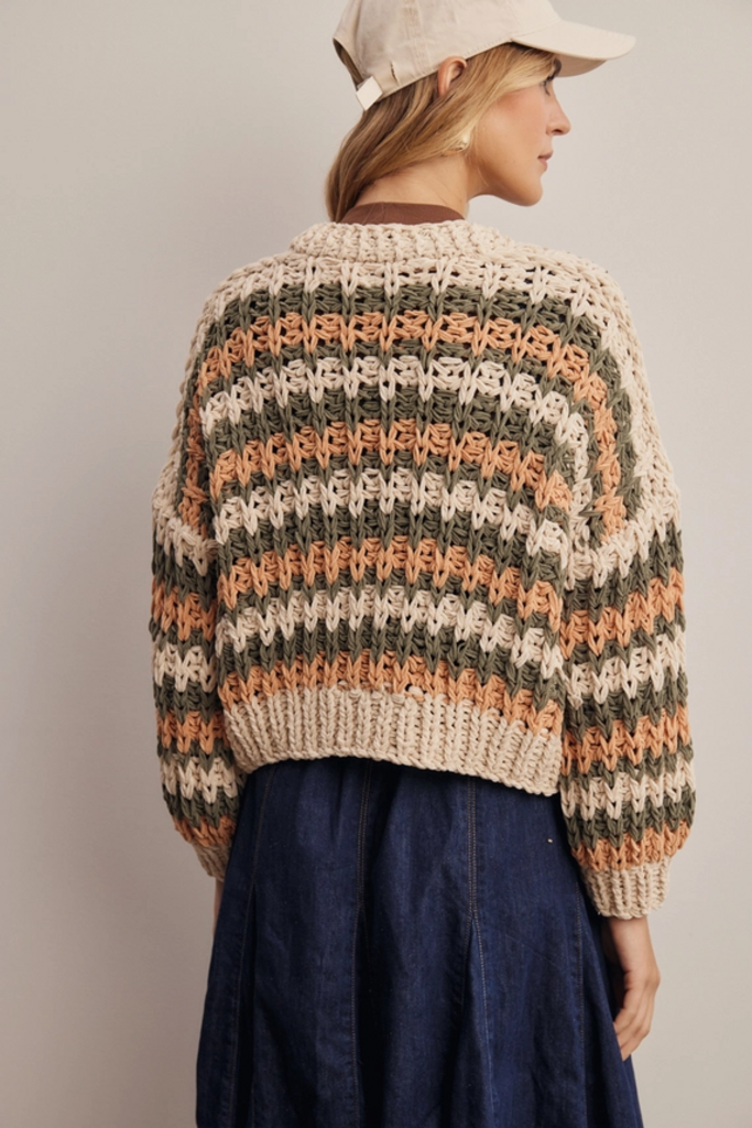 Forte Hand Crochet Striped Open Cardigan