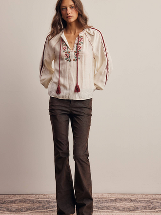 Forte Floral Embroidered Tassel Tie Blouse