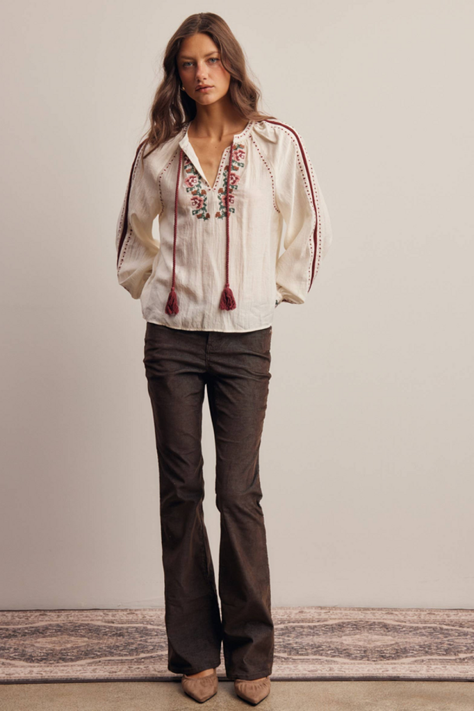 Forte Floral Embroidered Tassel Tie Blouse