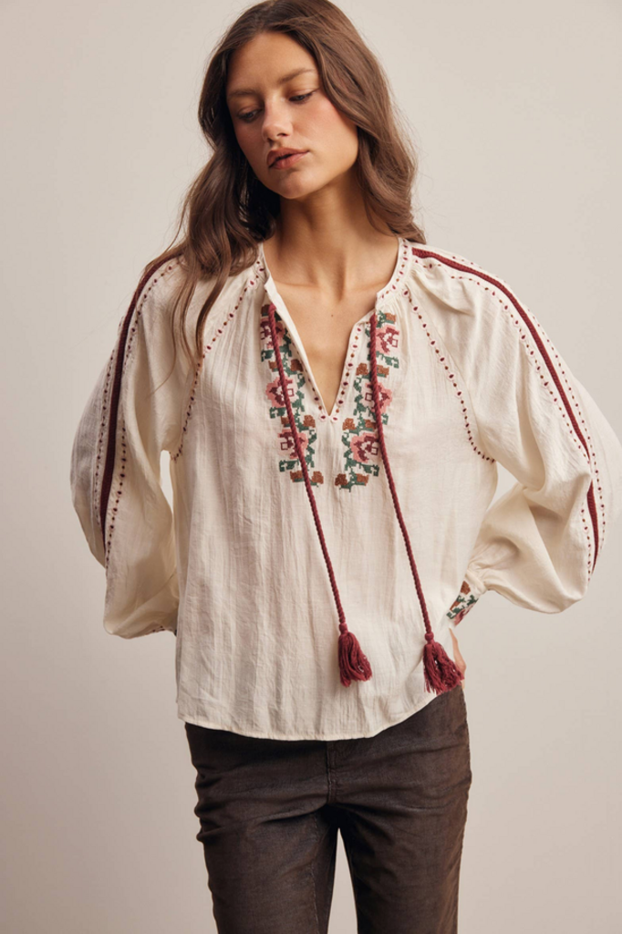 Forte Floral Embroidered Tassel Tie Blouse