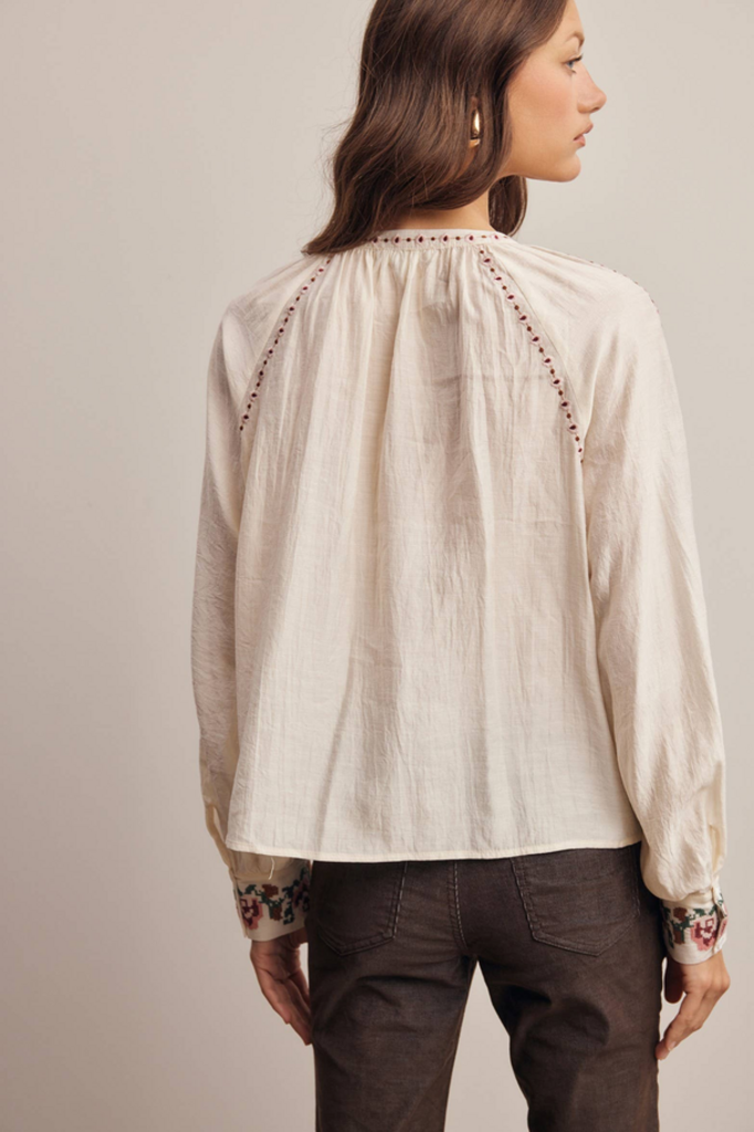 Forte Floral Embroidered Tassel Tie Blouse