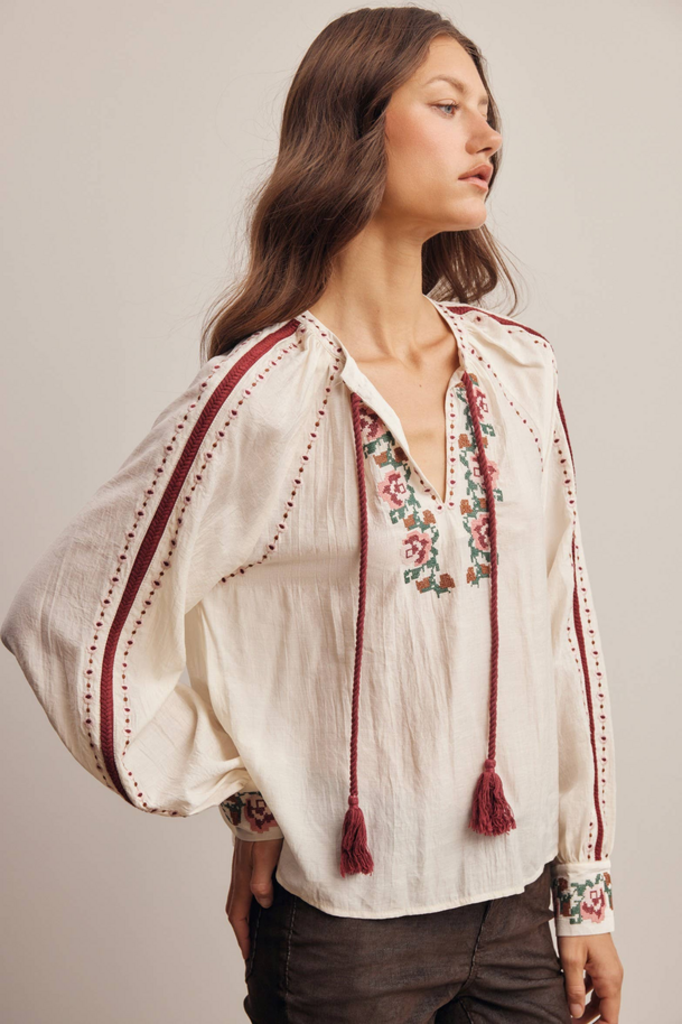 Forte Floral Embroidered Tassel Tie Blouse
