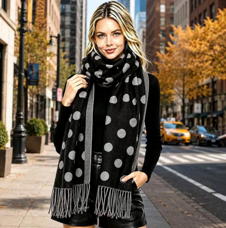 Blue Suede Polka Dot Pattern Fringe Scarf
