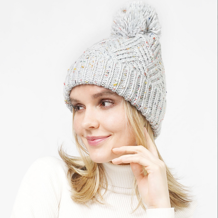 Blue Suede Confetti Knit Pom Pom Beanie Hat