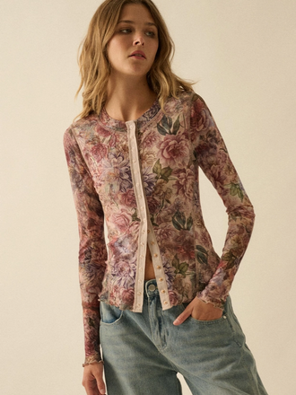 Promesa Floral-Print Mesh Snap-Front Long-Sleeve Top
