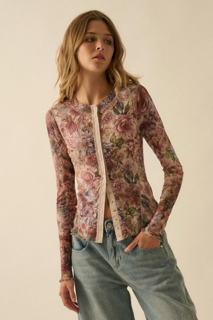 Promesa Floral-Print Mesh Snap-Front Long-Sleeve Top
