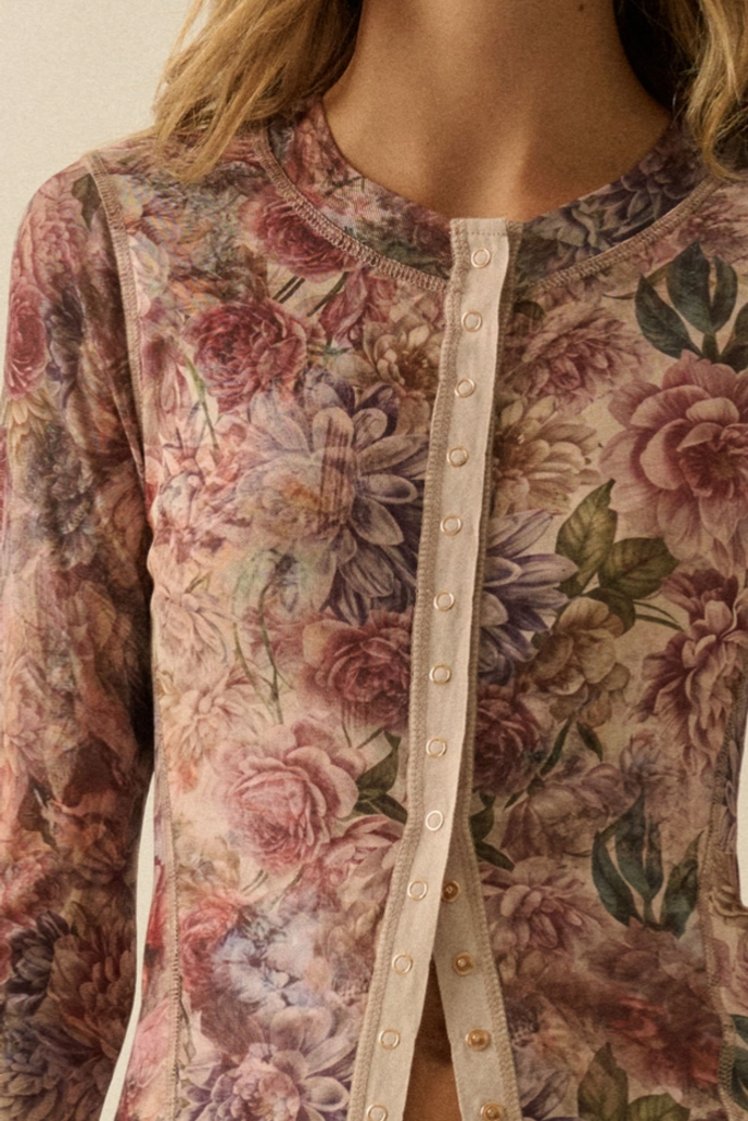 Promesa Floral-Print Mesh Snap-Front Long-Sleeve Top