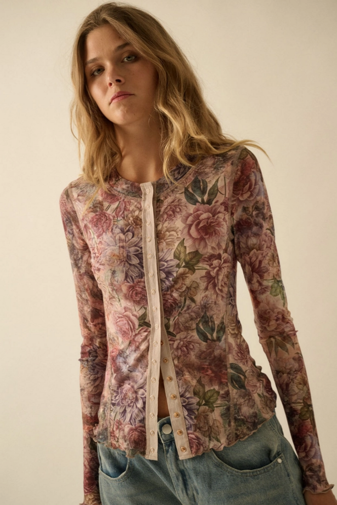Promesa Floral-Print Mesh Snap-Front Long-Sleeve Top