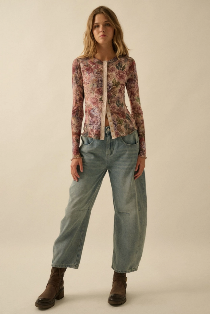 Promesa Floral-Print Mesh Snap-Front Long-Sleeve Top