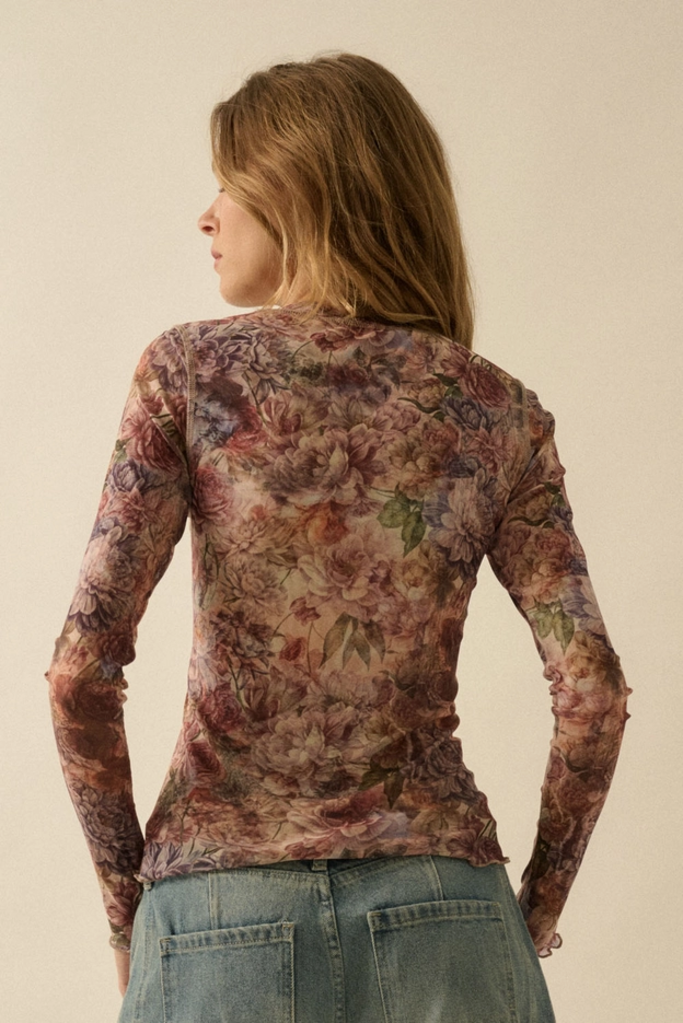 Promesa Floral-Print Mesh Snap-Front Long-Sleeve Top