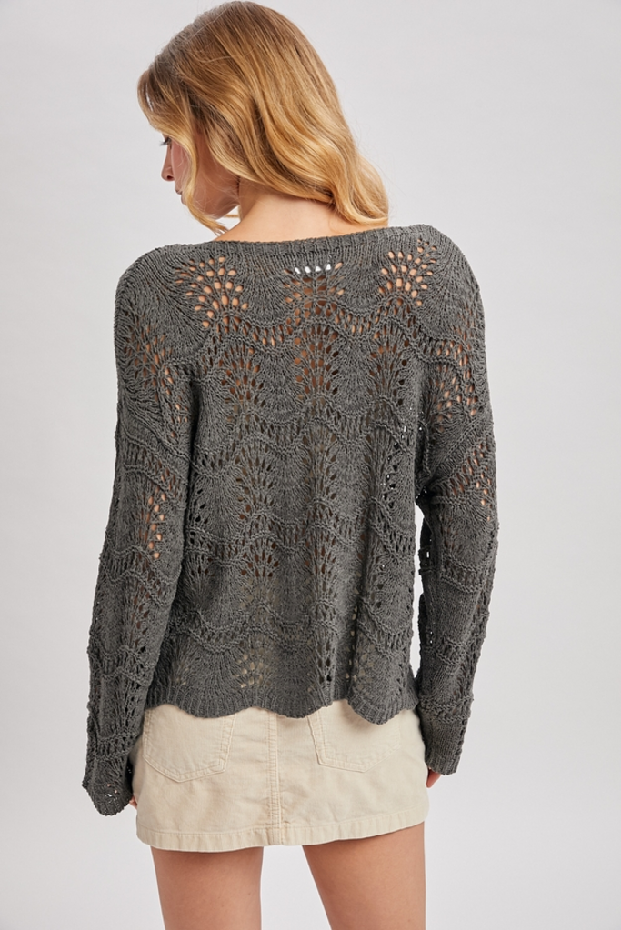 Bluivy Boat Neck Scalloped Hem Open Knit Sweater