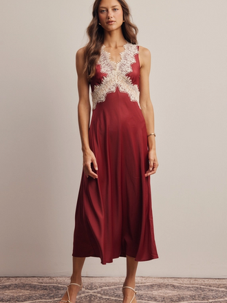 Forte Lace Trim Satin Midi Dress