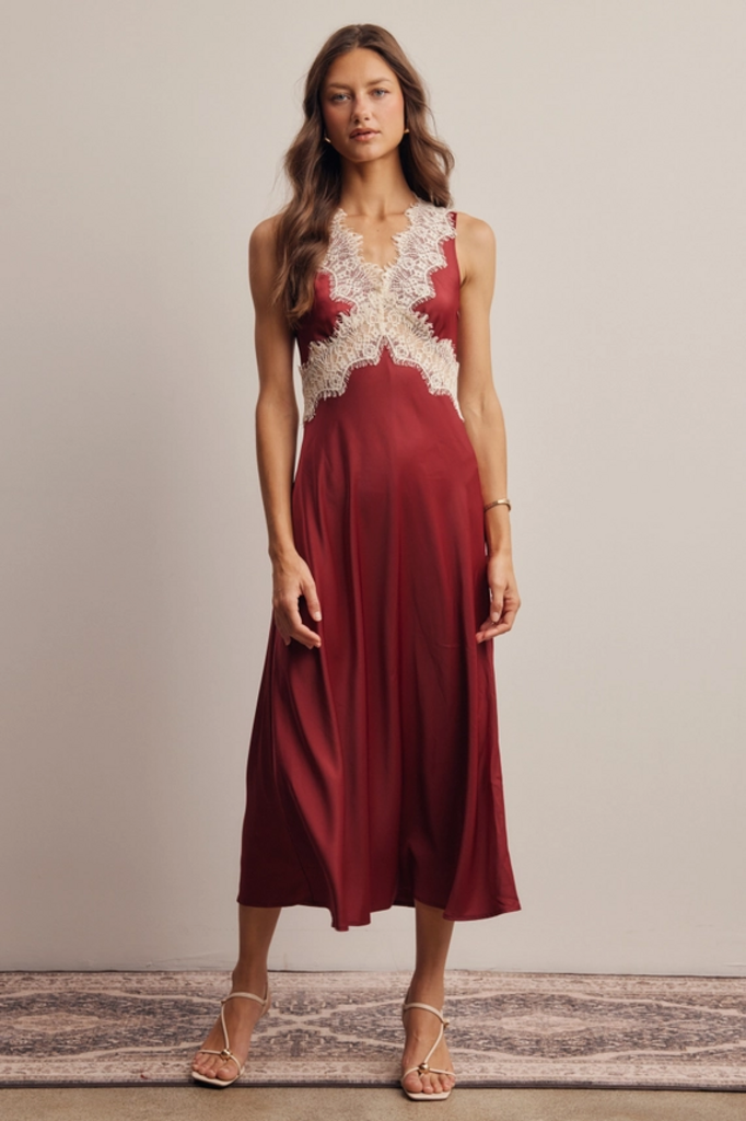Forte Lace Trim Satin Midi Dress