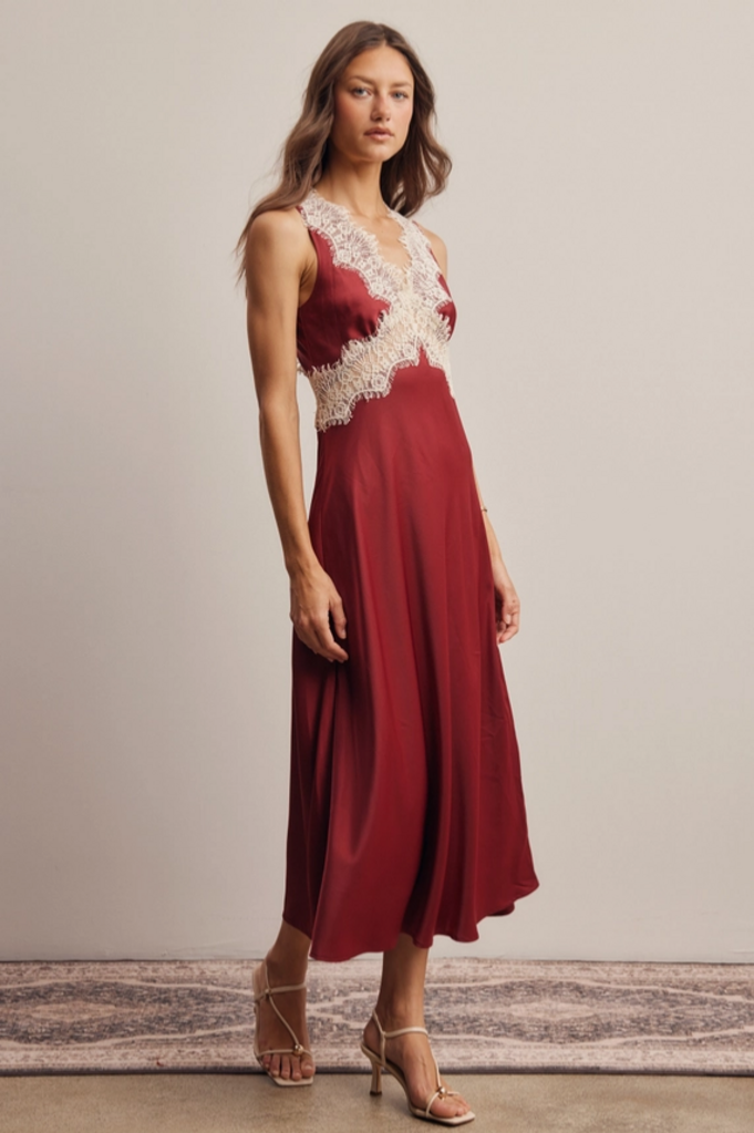 Forte Lace Trim Satin Midi Dress