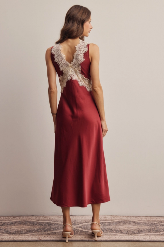Forte Lace Trim Satin Midi Dress