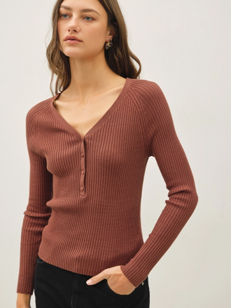 Be Cool Henley V-Neck Long Sleeve Ribbed Sweater