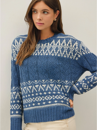 Be Cool Fair Isle Cable Knit Crewneck Sweater