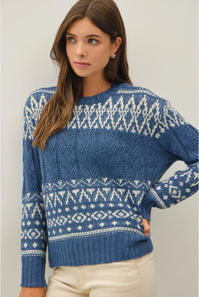 Be Cool Fair Isle Cable Knit Crewneck Sweater