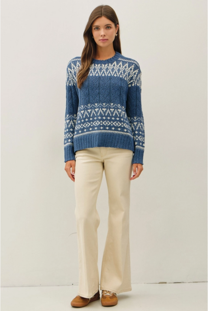 Be Cool Fair Isle Cable Knit Crewneck Sweater