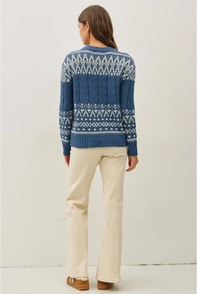 Be Cool Fair Isle Cable Knit Crewneck Sweater
