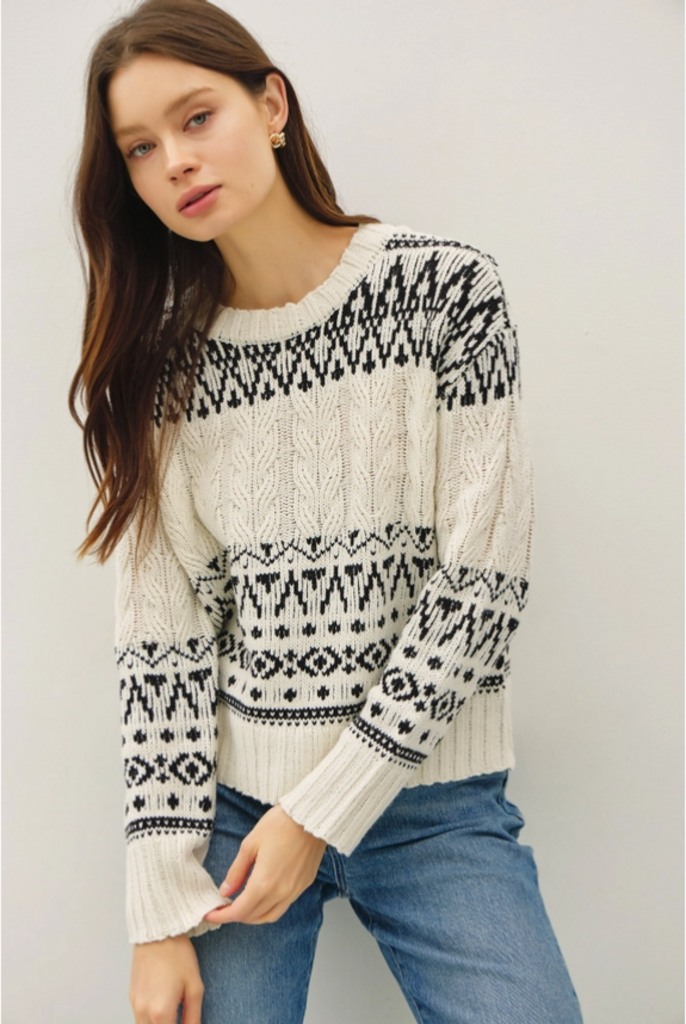 Be Cool Fair Isle Cable Knit Crewneck Sweater
