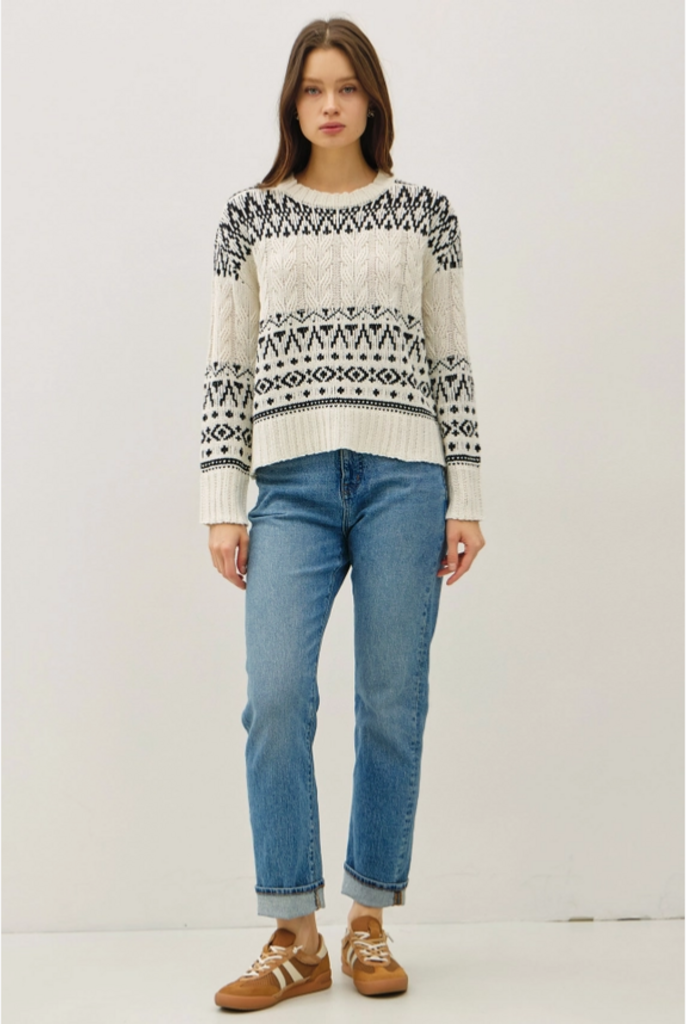 Be Cool Fair Isle Cable Knit Crewneck Sweater
