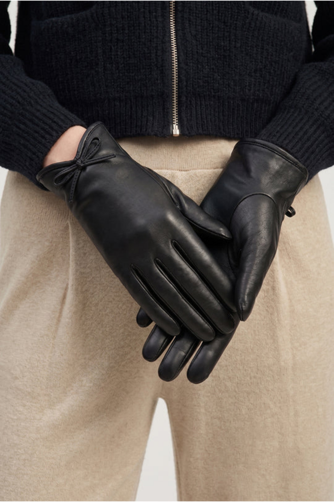 Common Knit Bow Detail Leather Gloves