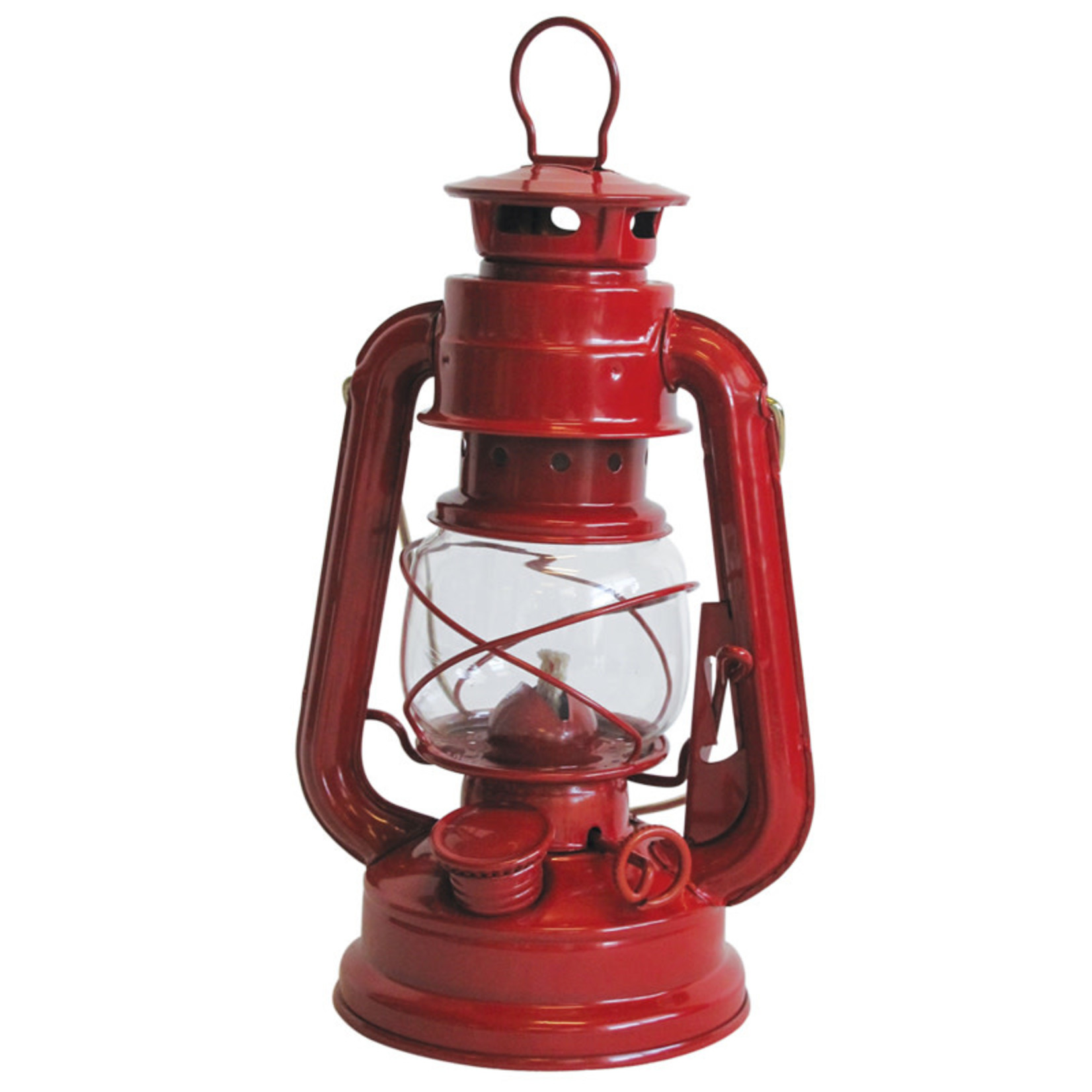 Oil lamp wick lantern made of red glass and metal isolated on