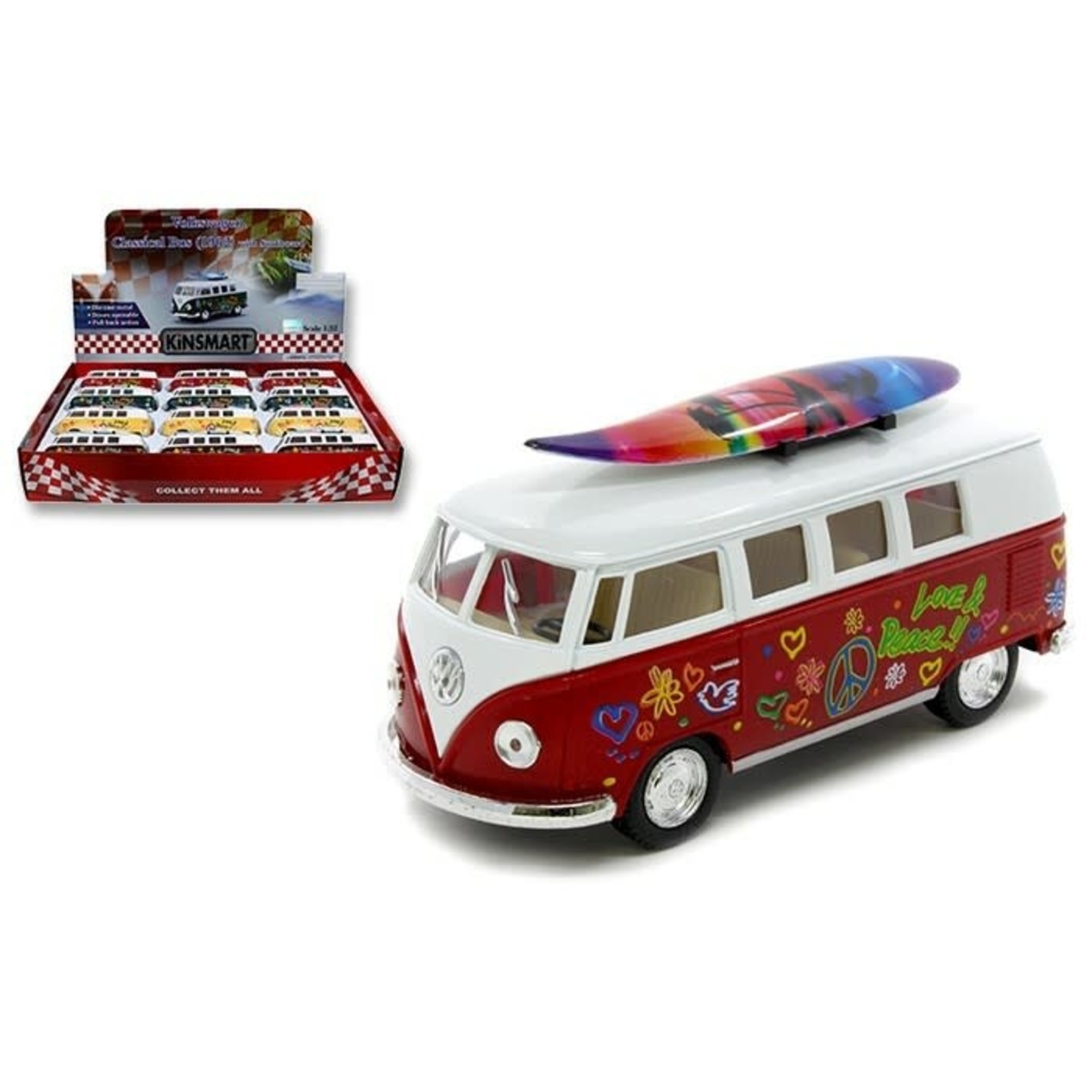 KINSMART 1:32 1962 VOLKSWAGEN CLASSICAL BUS WITH SURFBOARD AND DECALS "Yellow" 