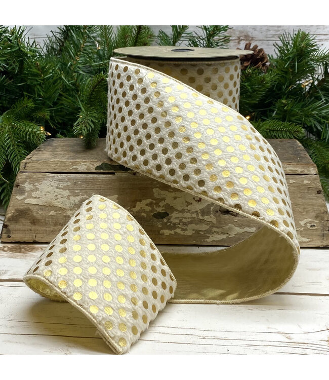 4" x 10yds Plush Metallic Dots, Gold/Ivory Ribbon