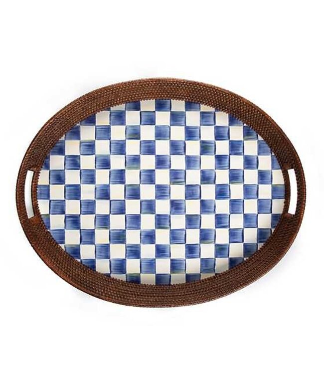 MACKENZIE CHILDS Royal Check Rattan & Enamel Party Tray