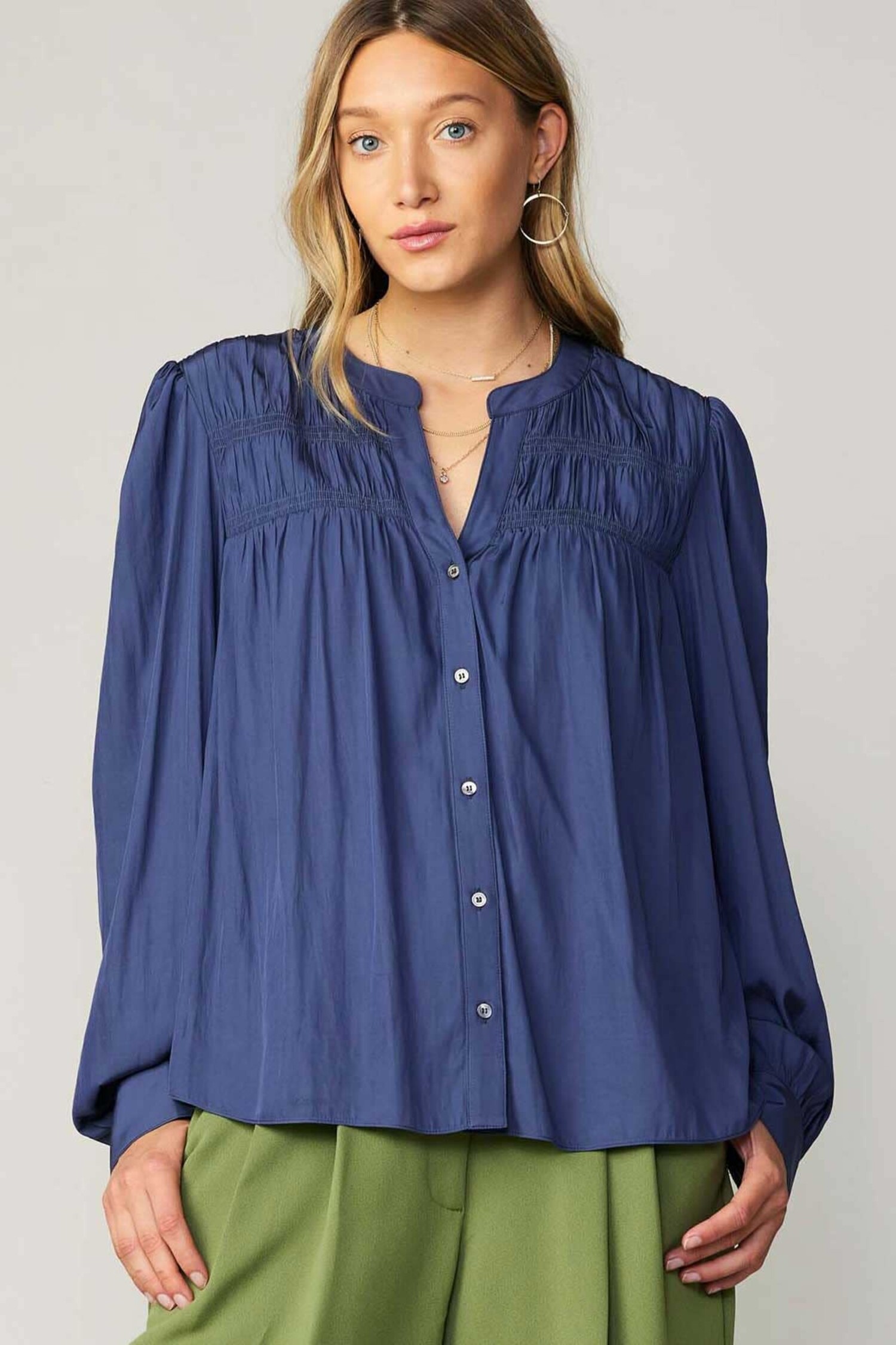 Stella Button Down Blouse W/Smocking and Back Yoke