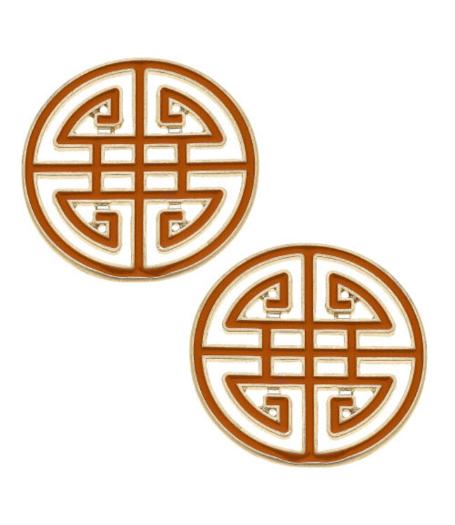 Aria Game Day Greek Keys Enamel Stud Earrings In Orange