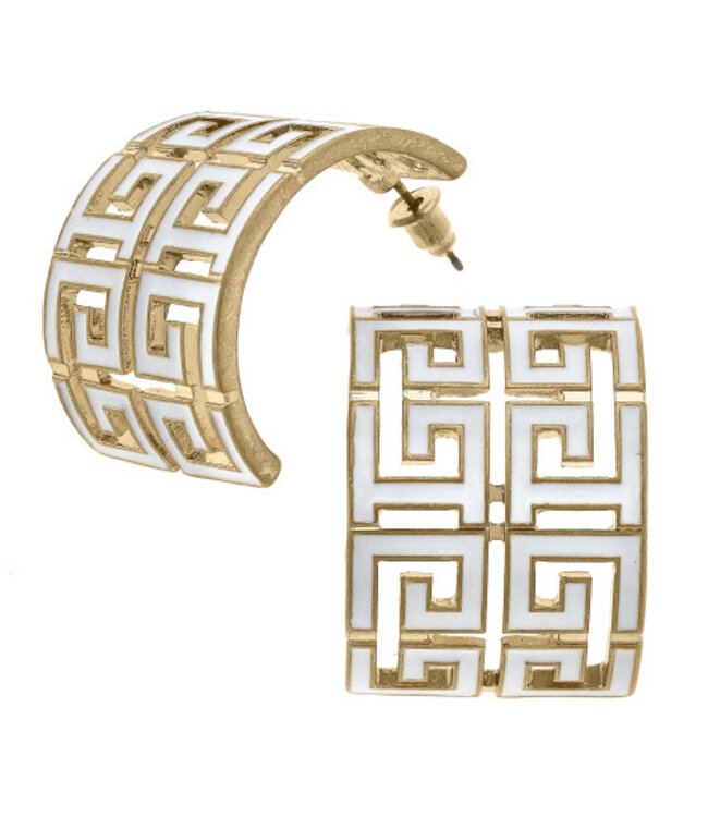 Brennan Game Day Greek Keys Enamel Hoop Earrings In White
