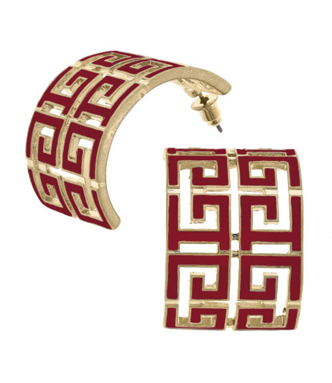 Brennan Game Day Greek Keys Enamel Hoop Earrings In Crimson