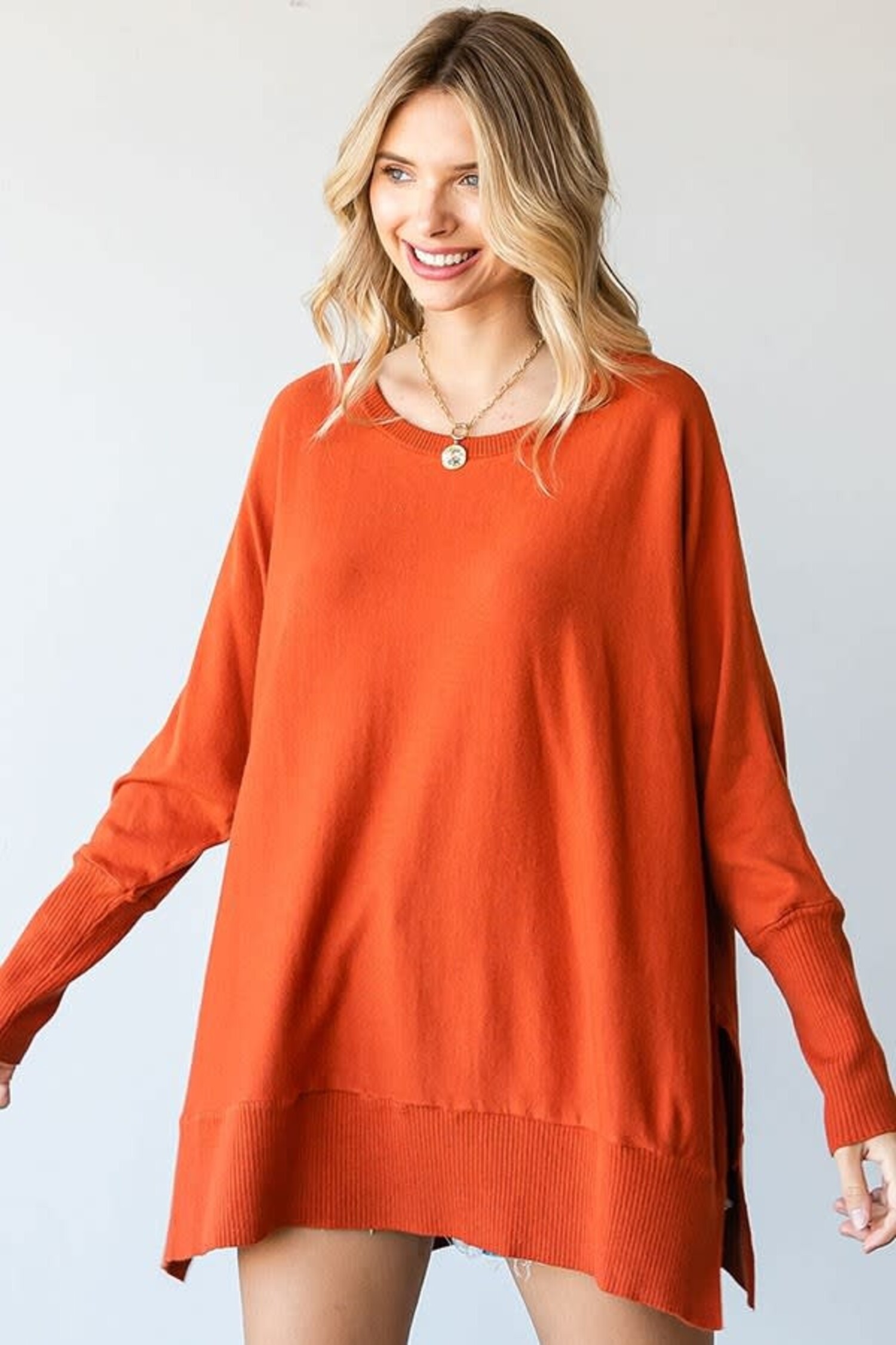 Melissa Solid Dolman Sleeve Side Slit Knitted Top