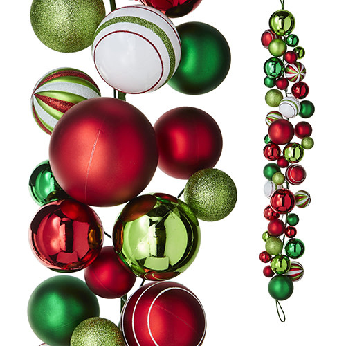 White and Red Cotton Balls Garland on a Wooden Background.Top View