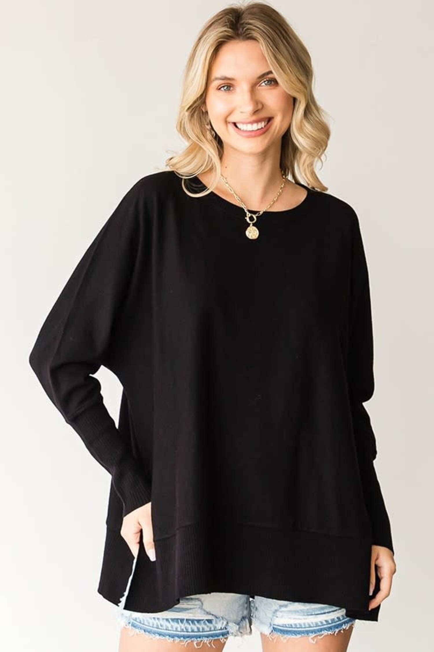Melissa Solid Dolman Sleeve Side Slit Knitted Top