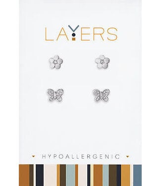 Silver CZ Butterfly & Flower Duo Pair Stud Layers Earrings