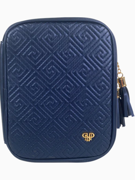 Pursen Small Makeup Bag - Greek Key Quilted Pearl Navy Vegan Leather