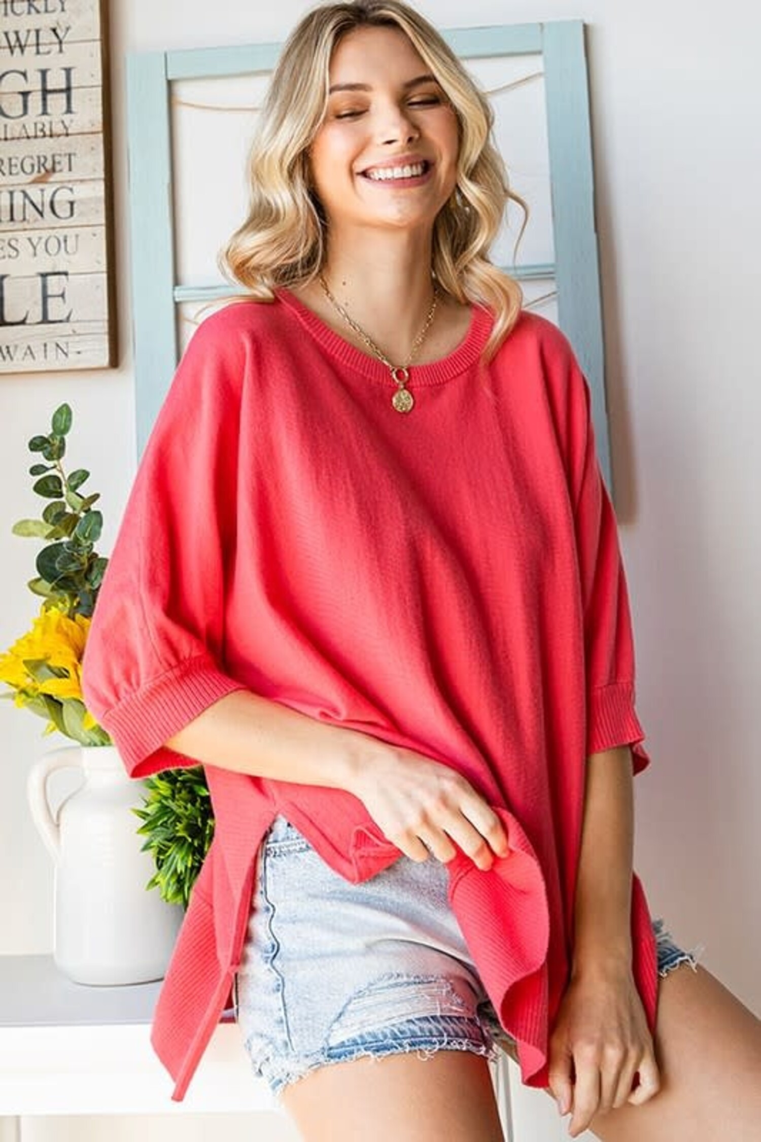 Sophia Solid Color 3/4 Sleeve Slit Relaxed Fit Knit Top