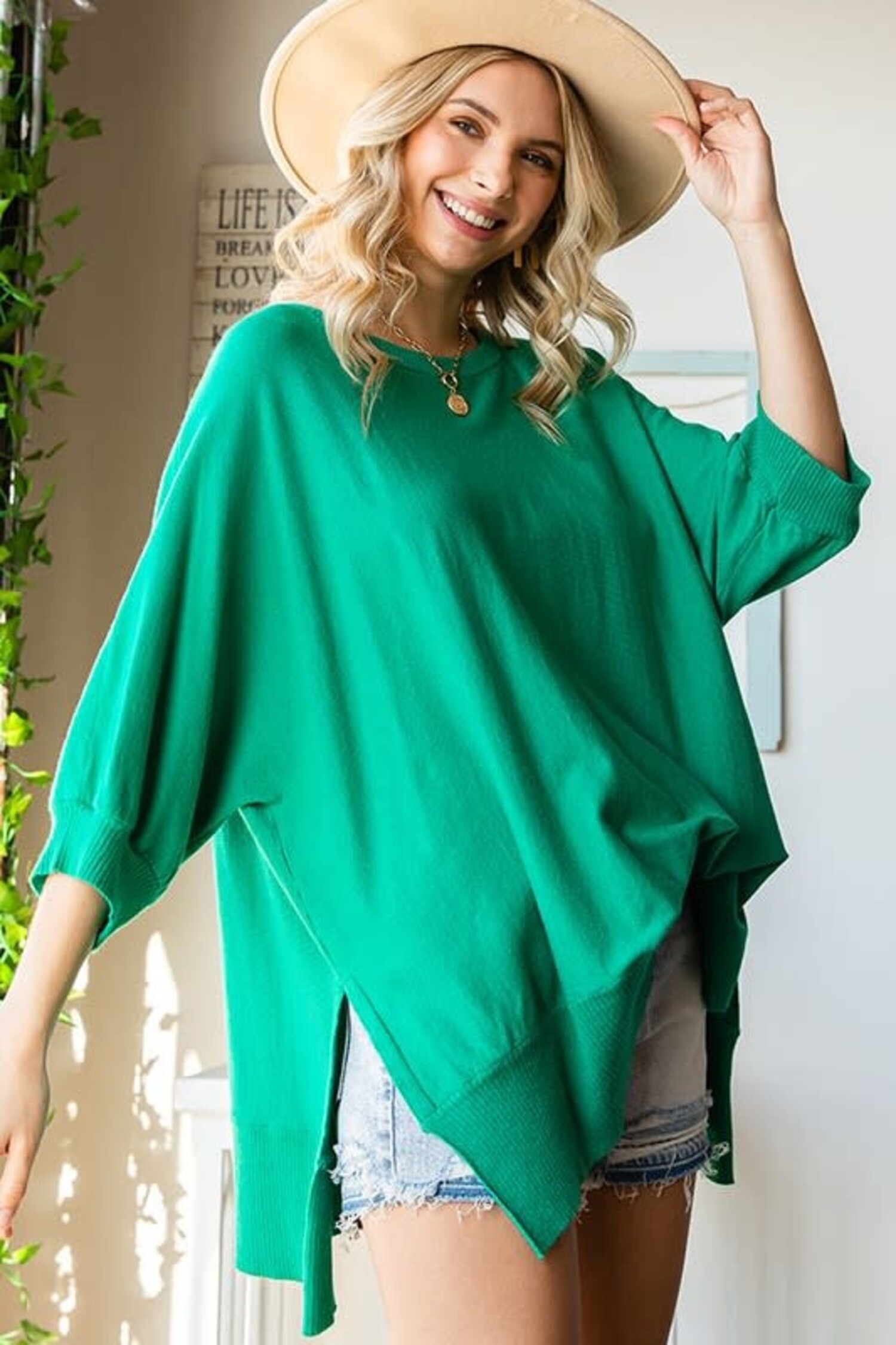 Sophia Solid Color 3/4 Sleeve Slit Relaxed Fit Knit Top